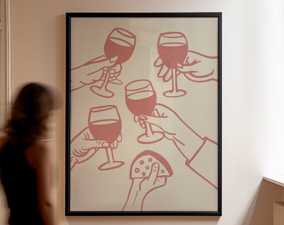 Cheers Pink Toasting Hands Wine Glasses Cheese Wedge Celebration Poster