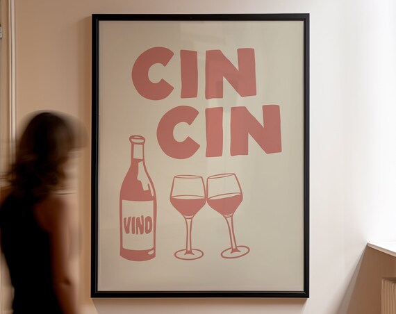 Cin Cin Retro Pink Wine Bottle Glasses Cheers Bar Cart Poster