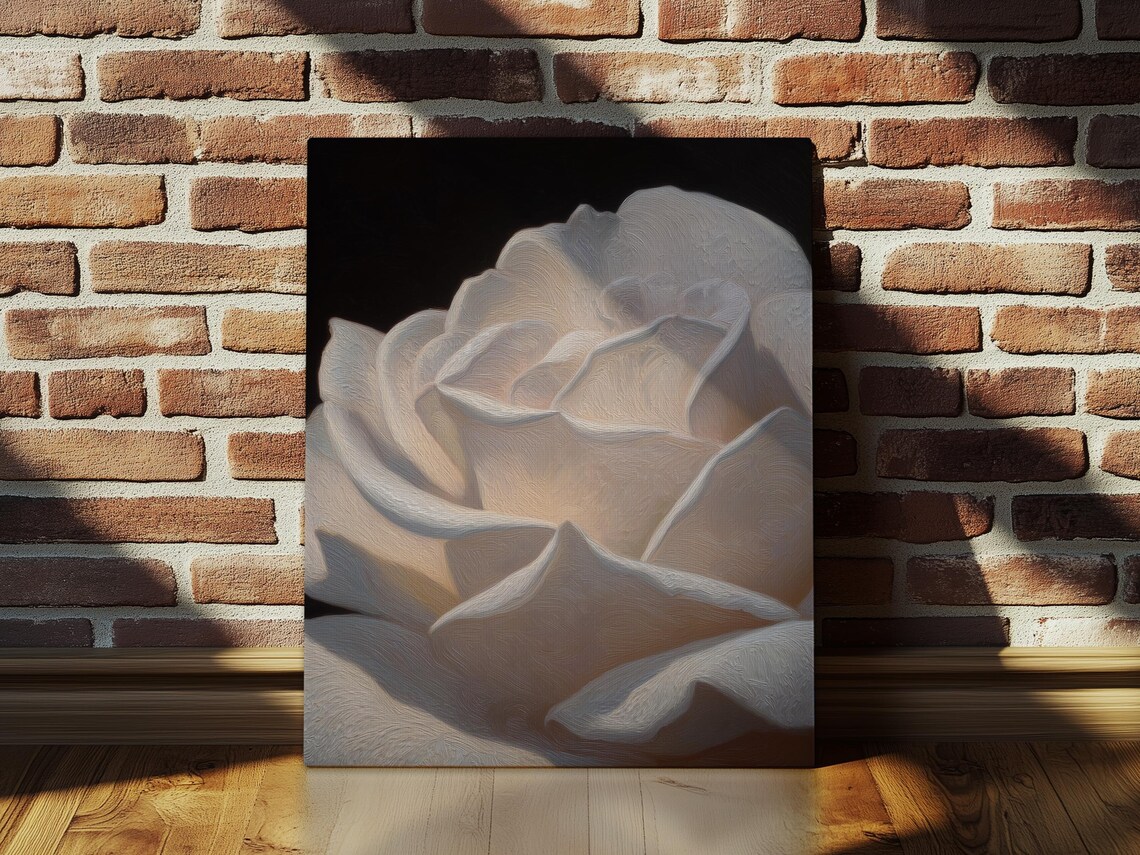 White Rose Close Up on Dark Background Oil Painting Floral Poster