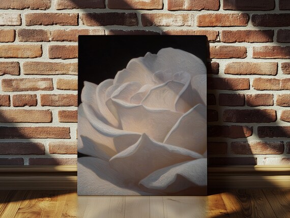 White Rose Black Background Print On Canvas Or Premium Archival Paper Moody Dark Academia Wall Art Blooming Flower Oil Painting Decor