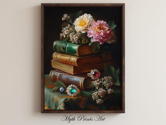 Gemstone Rings And Flowers Still Life Print Victorian Books Dark Academia Oil Painting Vintage Antique Wall Art