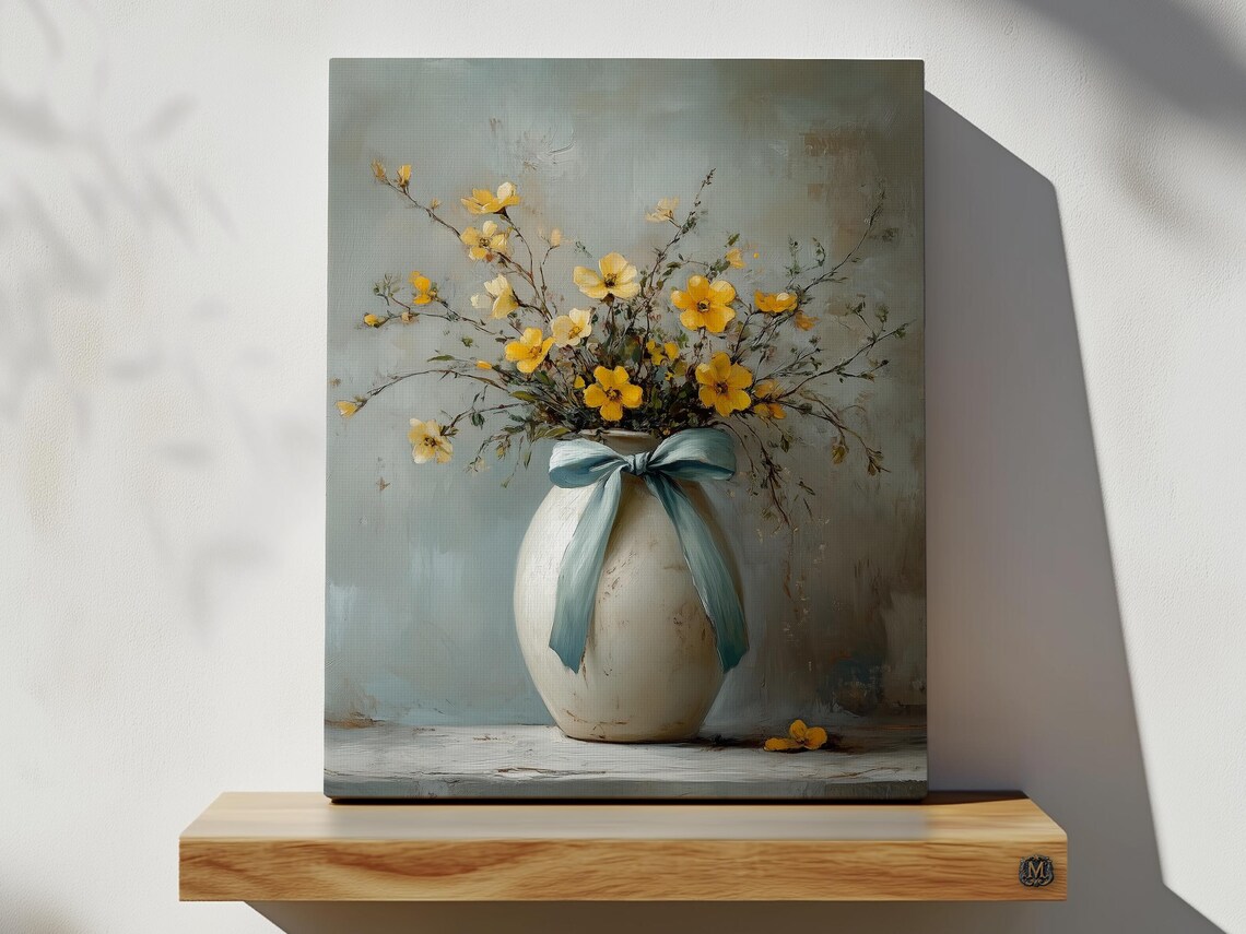 Yellow Wildflowers in White Vase Blue Ribbon Still Life Poster