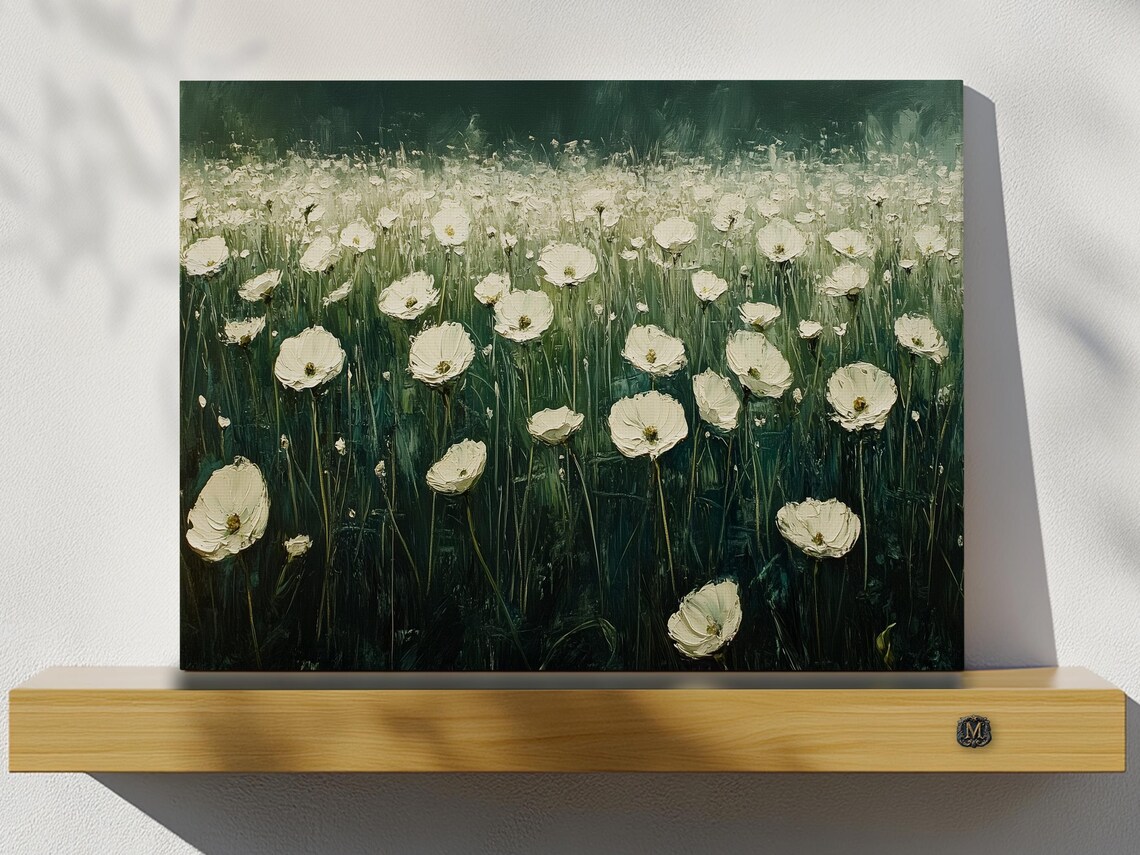 Vintage White Wildflower Meadow Dark Moody Oil Painting Poster