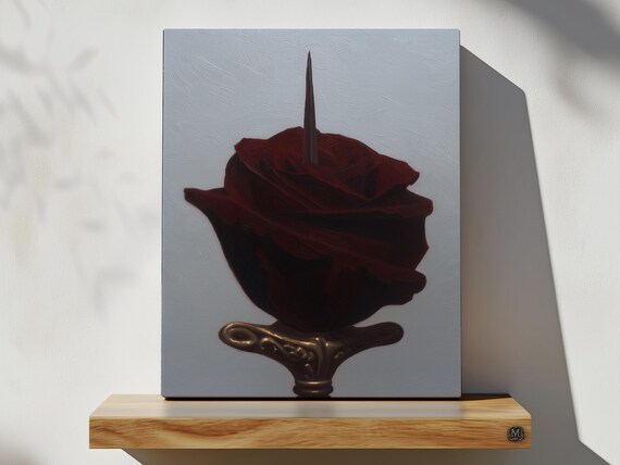Red Rose And Dagger Print On Canvas Or Premium Archival Paper Moody Gothic Wall Art Oil Painting Home Decor