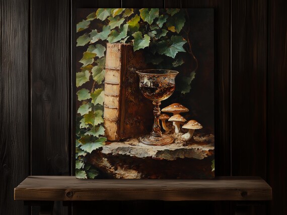 Ivy And Mushrooms Still Life Print On Canvas Victorian Book Painting Vintage Antique Moody Wall Art Dark Academia Home Decor