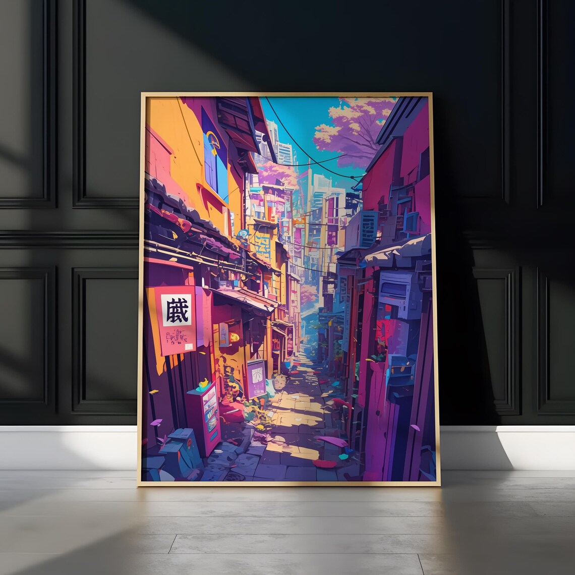 Colorful Japanese Street Alley in Daylight Anime Scene Poster