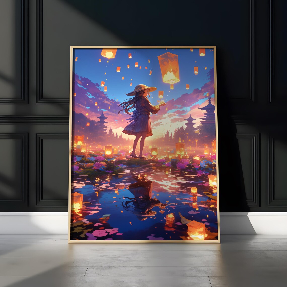 Anime Girl Releasing Glowing Sky Lanterns Over Water at Dusk Poster