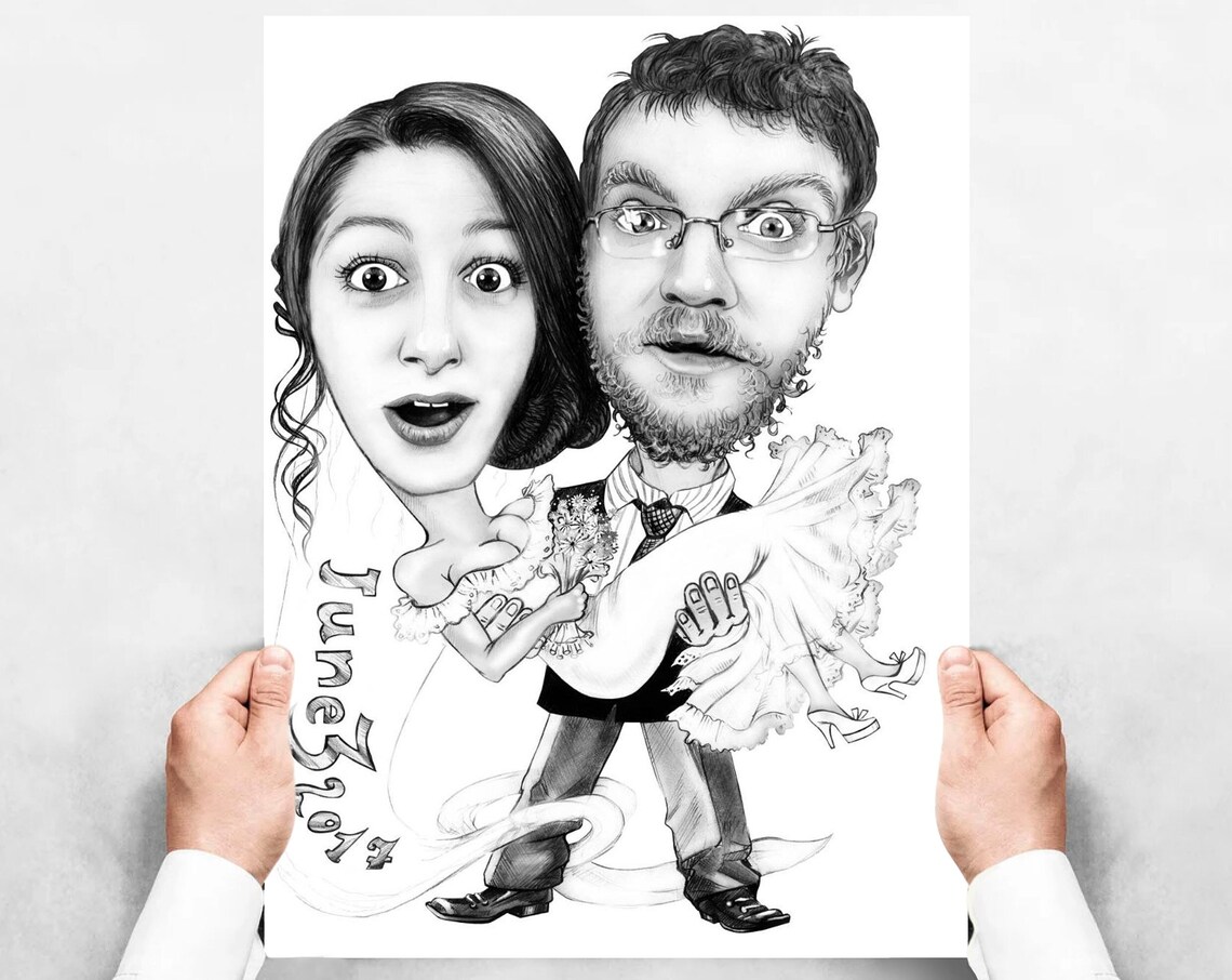 Custom Wedding Couple Pencil Caricature Portrait From Photo Poster