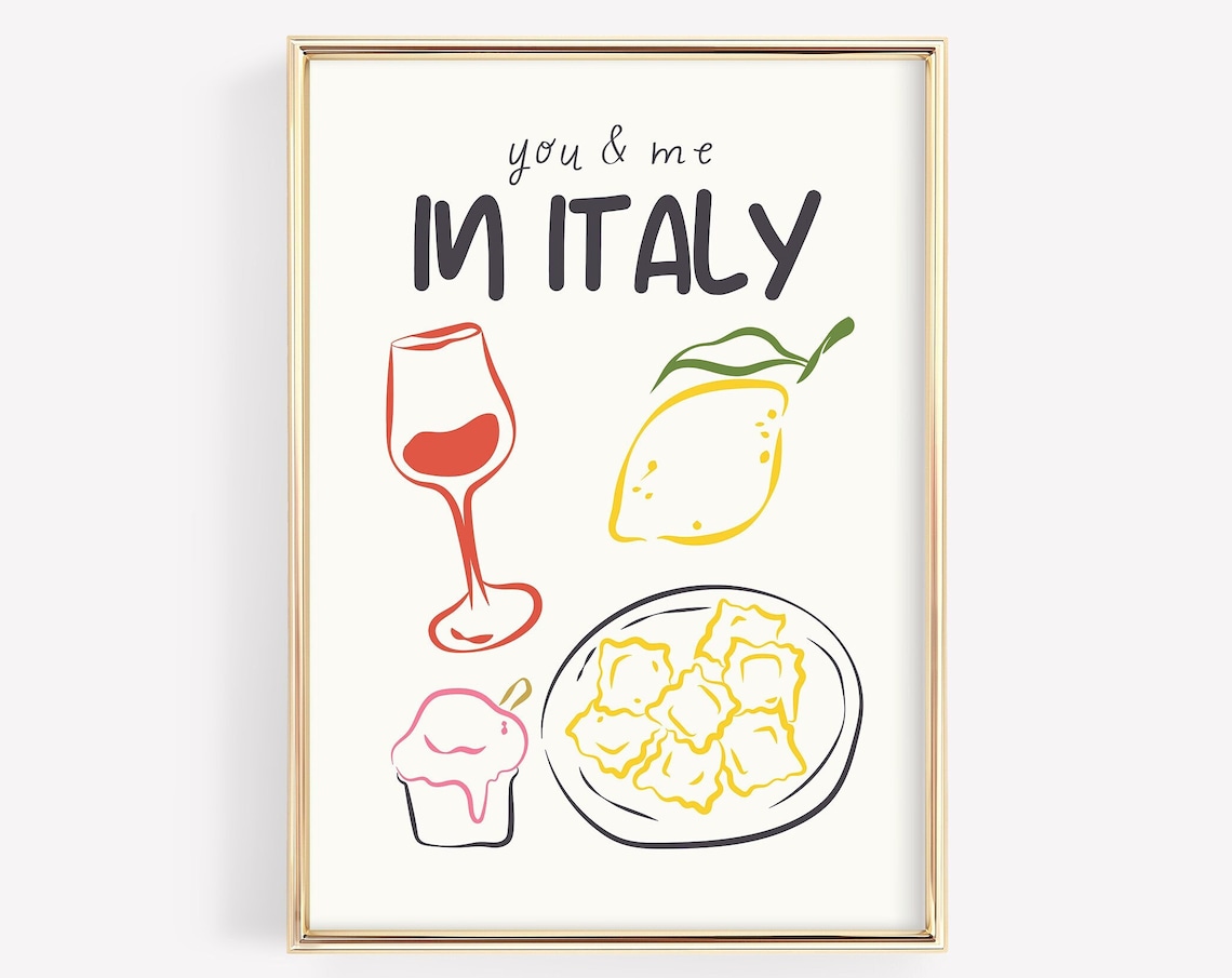 You and Me in Italy Wine Lemon Ravioli Sketch Italy Travel Poster