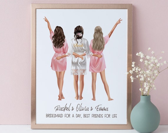 Personalized 3 Bridesmaids Print Wedding Gift Custom Bride Bridesmaids Gift Hen Party Print Maid Of Honour Gift