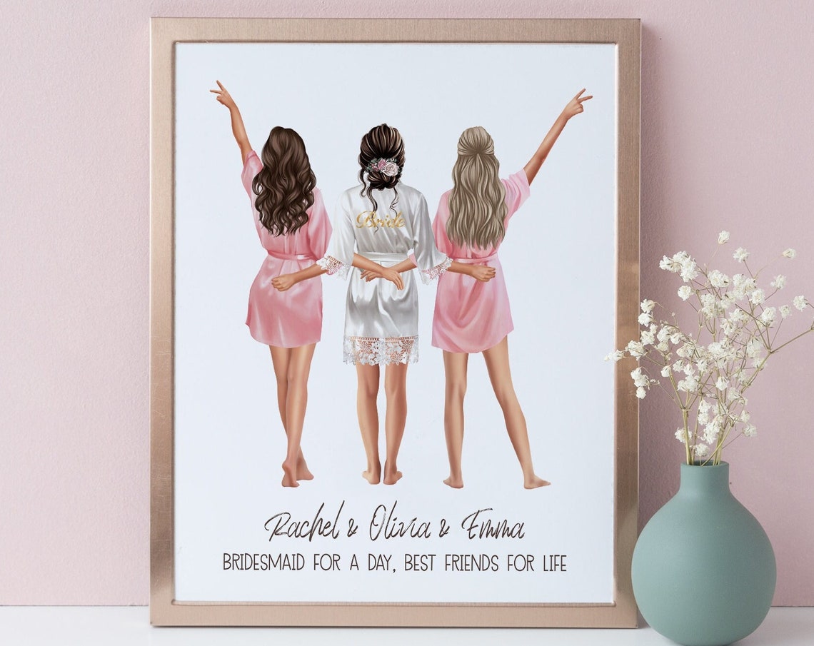 Personalized 3 Bridesmaids Print Wedding Gift Custom Bride Bridesmaids Gift Hen Party Print Maid Of Honour Gift