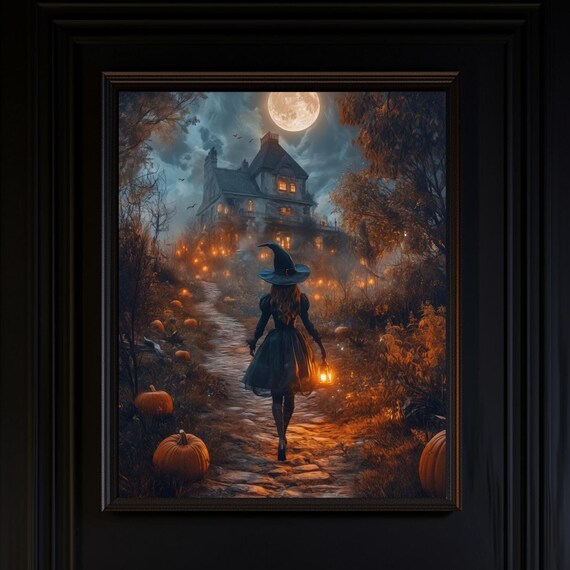 Enchanted Halloween Witch Art Haunted House Full Moon Pumpkins Poster