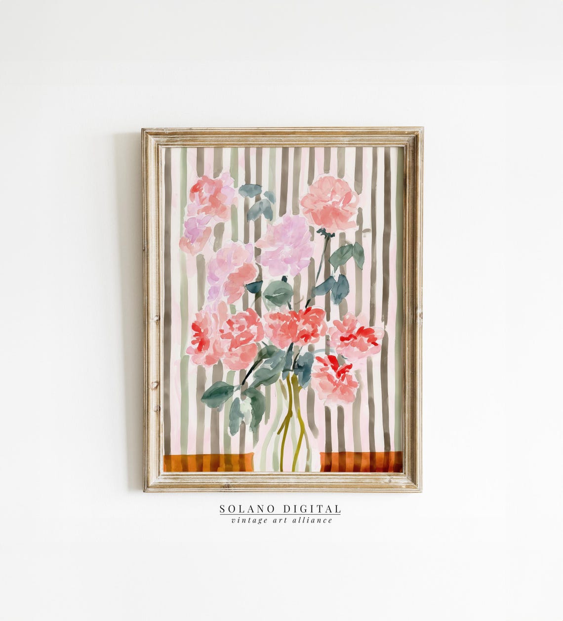 Coral Pink Carnations in a Vase Dark Striped Modern Floral Art Poster