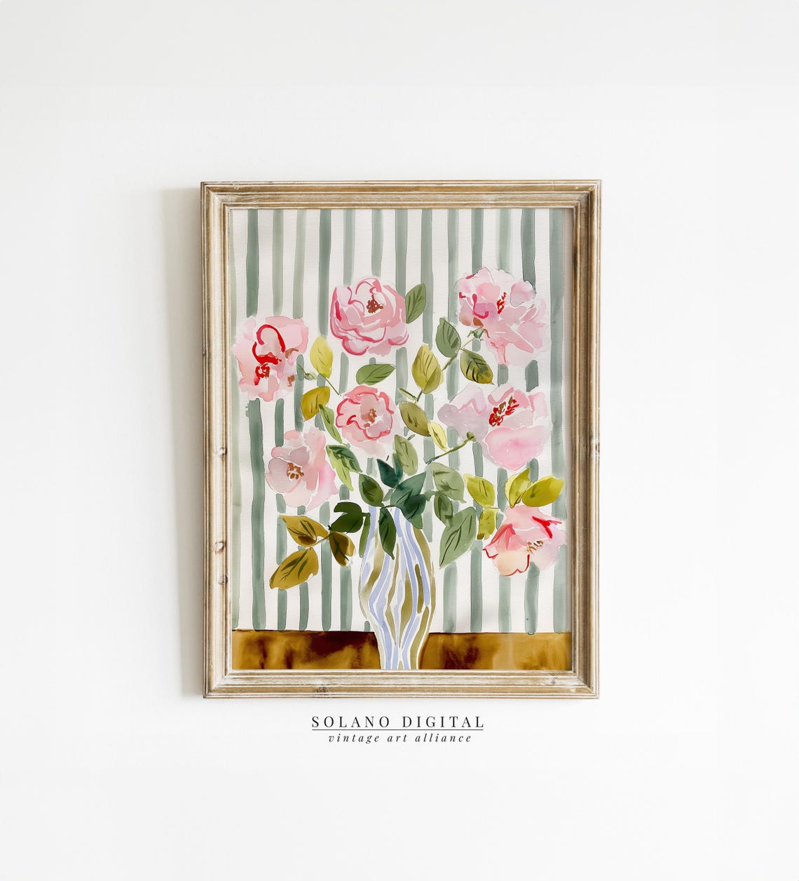 Striped Floral Art Modern Botanical Prints Pink Flower Watercolor Botanicals Grandmillennial Home Decor