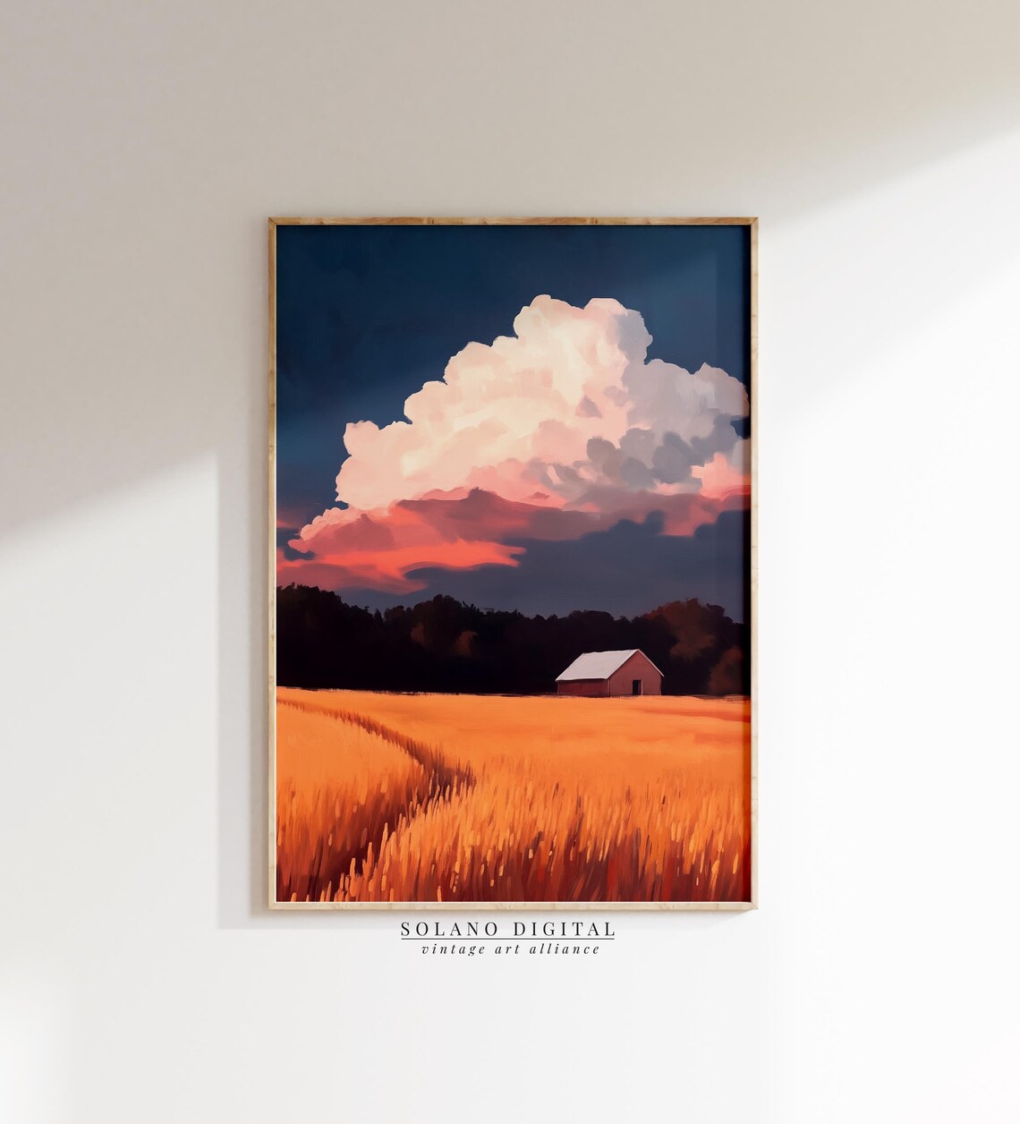 Wheat Field Barn Sunset Farmhouse Landscape Painting Poster Rural Art