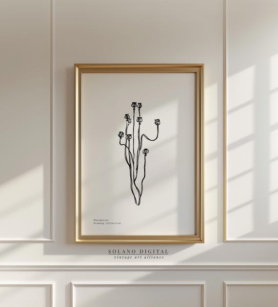 Minimalist Botanical Line Art Poppy Seed Flower Sketch Print Black And White Modern Wall Poster