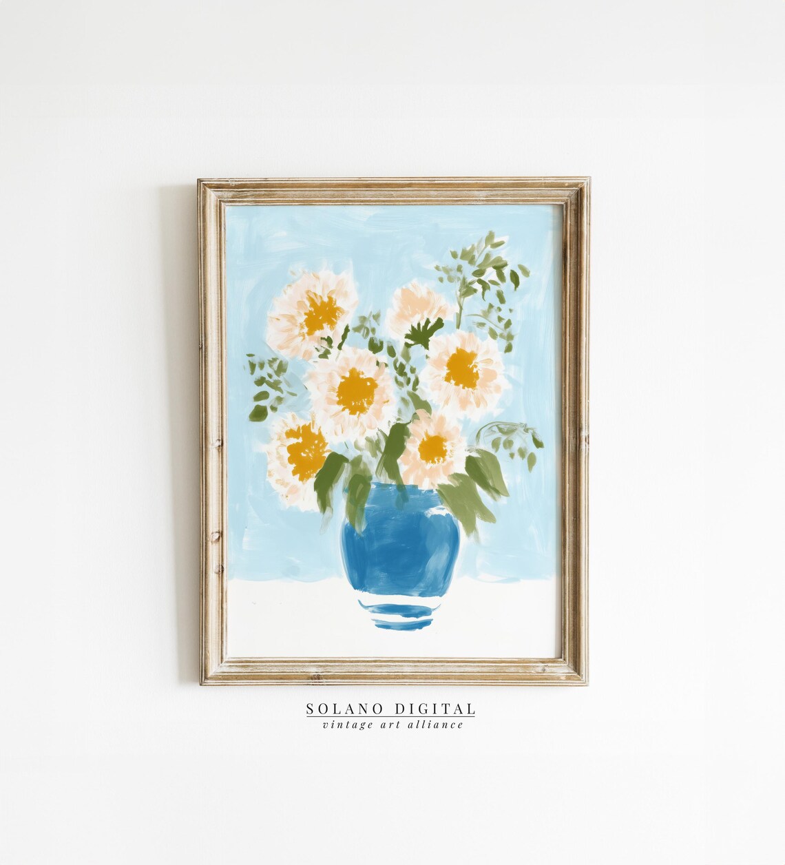 Pink Daisies in Blue Vase Pastel Watercolor Floral Art Poster