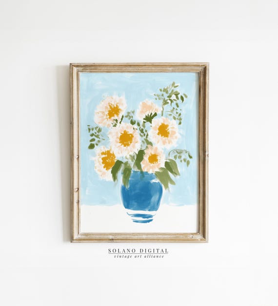 Southern Floral Art Print Blue Vase Sunflower Country Cottage Wall Botanical Artwork Decor Sunflowers
