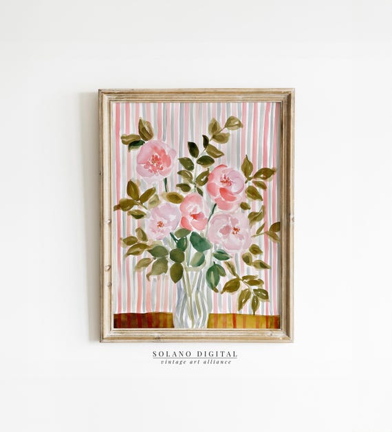 Striped Floral Art Modern Botanical Prints Pink Flower Watercolor Botanicals Grandmillennial Home Decor