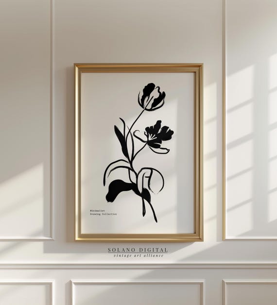Black White Botanical Minimalist Flower Line Art Poster Ink Brush Sumie Wall Modern Scandinavian