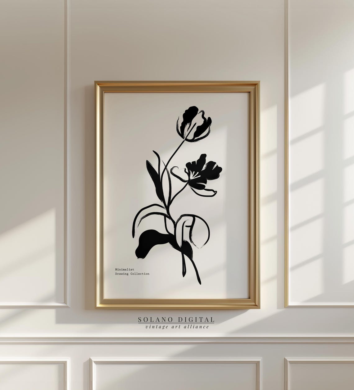 Black Ink Brush Tulip Drawing Minimalist Botanical Art Poster