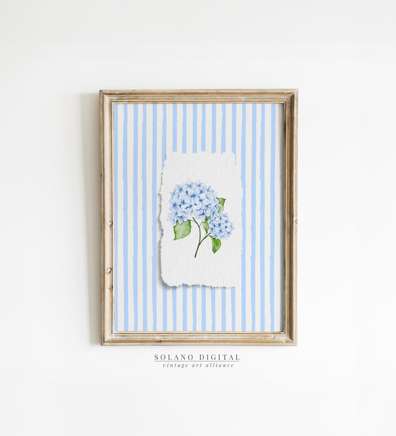 Blue Hydrangea Watercolor Striped Coastal Floral Botanical Poster