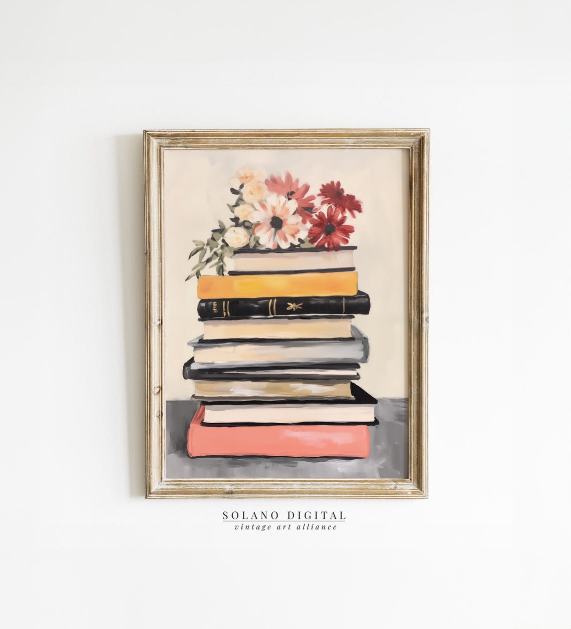 Stack Of Books With Flowers Book Lover Reading Nook Art Poster