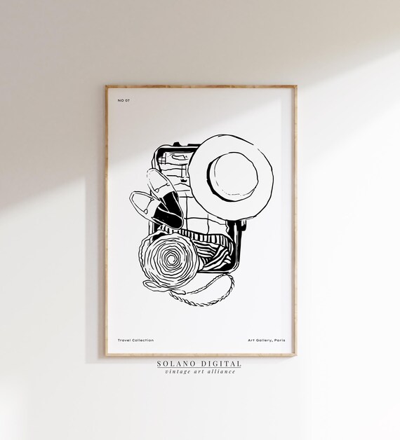 Minimalist Travel Poster Summer Vacation Wall Art Black And White Line Drawing Modern Suitcase Illustration