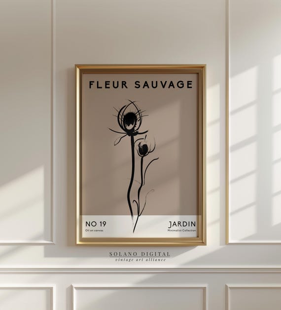 Fleur Sauvage French Botanical Poster Minimalist Line Art In Neutral Beige Wall Japandi Scandi Decor