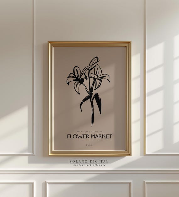 Vintage Flower Market Wall Art Paris Botanical Line Minimalist Black Floral For Kitchen Or Bedroom