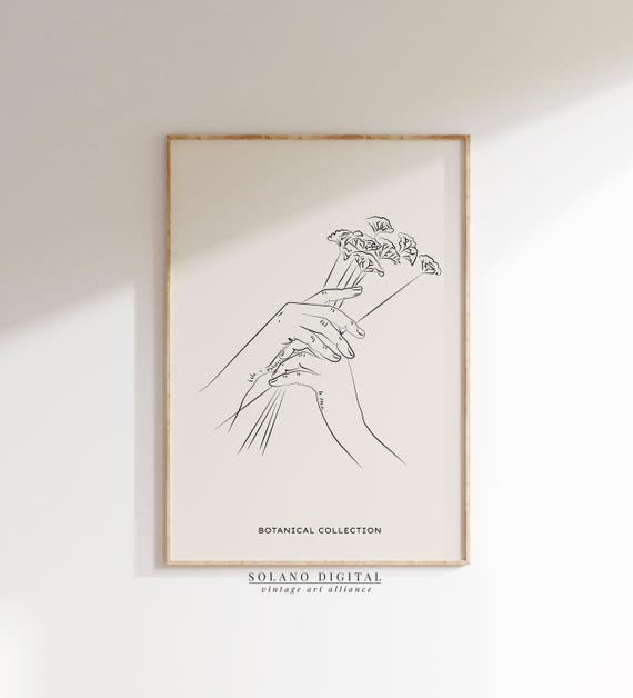Minimalist Hand And Flower Line Art Botanical Wall Print Elegant Black White Poster Decor