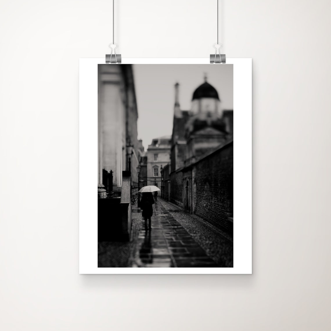 Cambridge Rainy Cobblestone Street Umbrella Black and White Wall Art