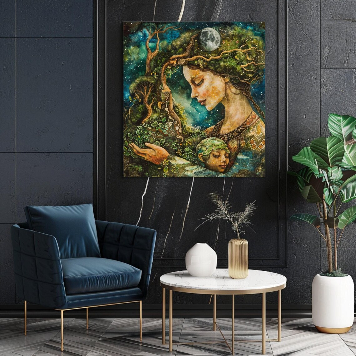 Mother Gaia Earth Goddess Tree Woman Beneath Moonlight Art Poster - Image 3