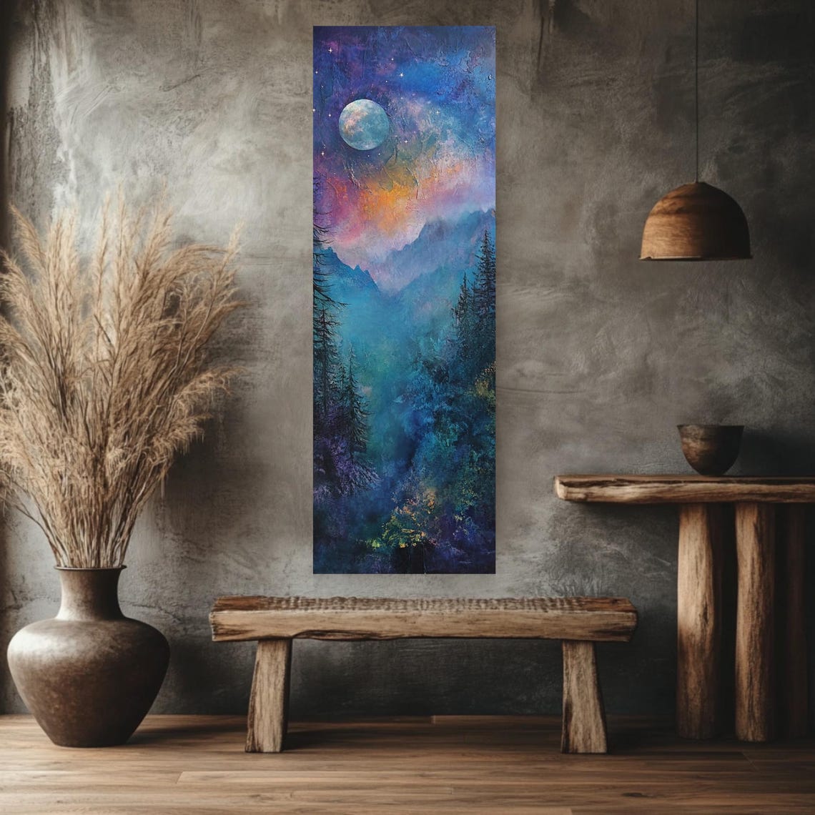 Pastel Galaxy Moon Over Mountain Pines Tall Narrow Night Poster - Image 2