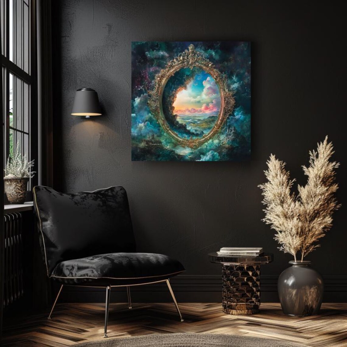 Ornate Golden Frame Portal to Sunset Cloudscape Fantasy Art Poster - Image 4