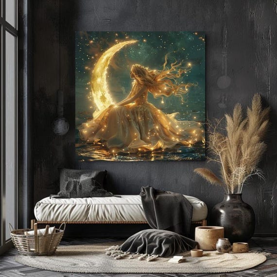 Glowing Goddess Wall Art Mystical Woman Wall Art Living Room Moon Goddess Wall Art Gold Woman Wall Art Magical Wall Art