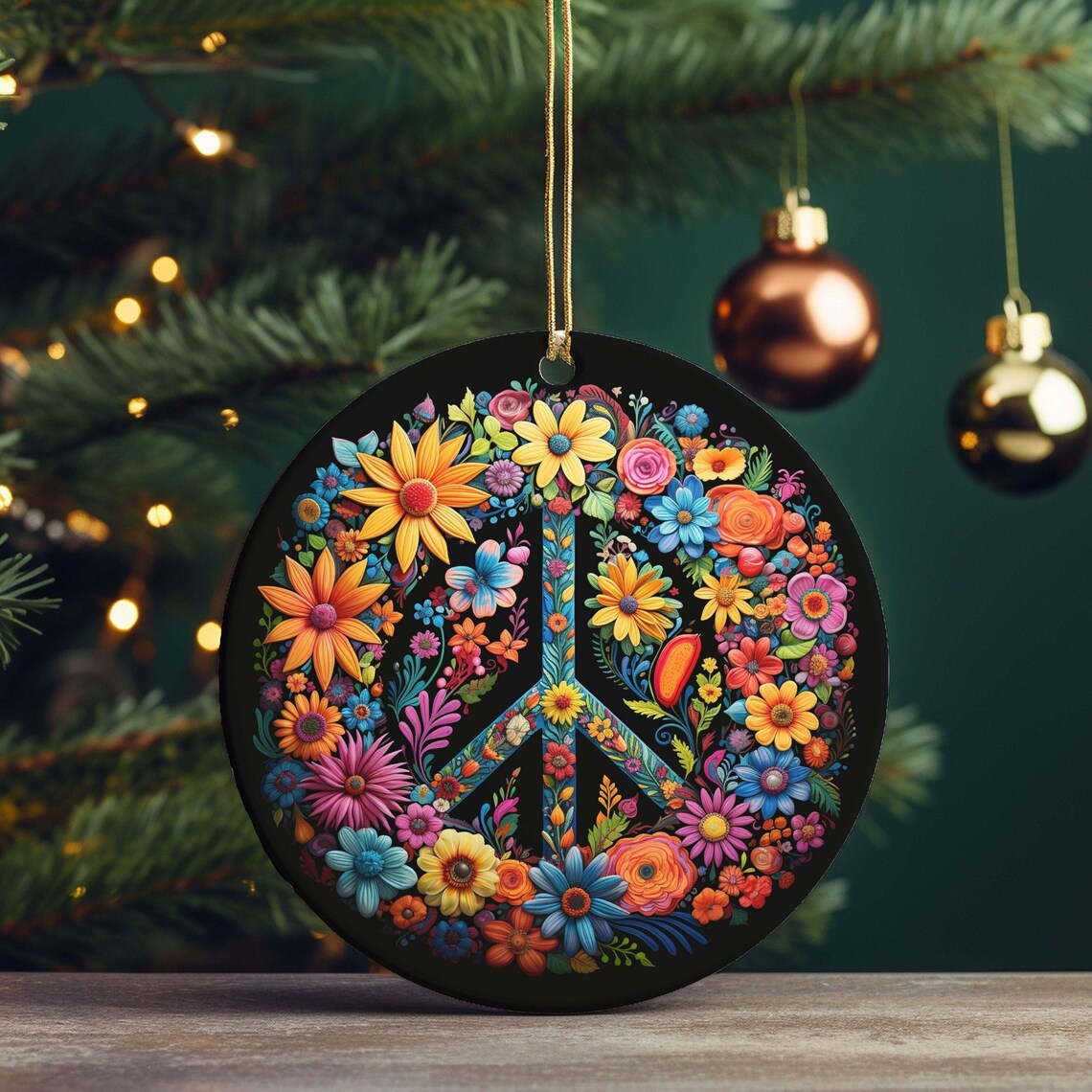 Colorful Floral Peace Sign Round Hanging Ornament Black Poster