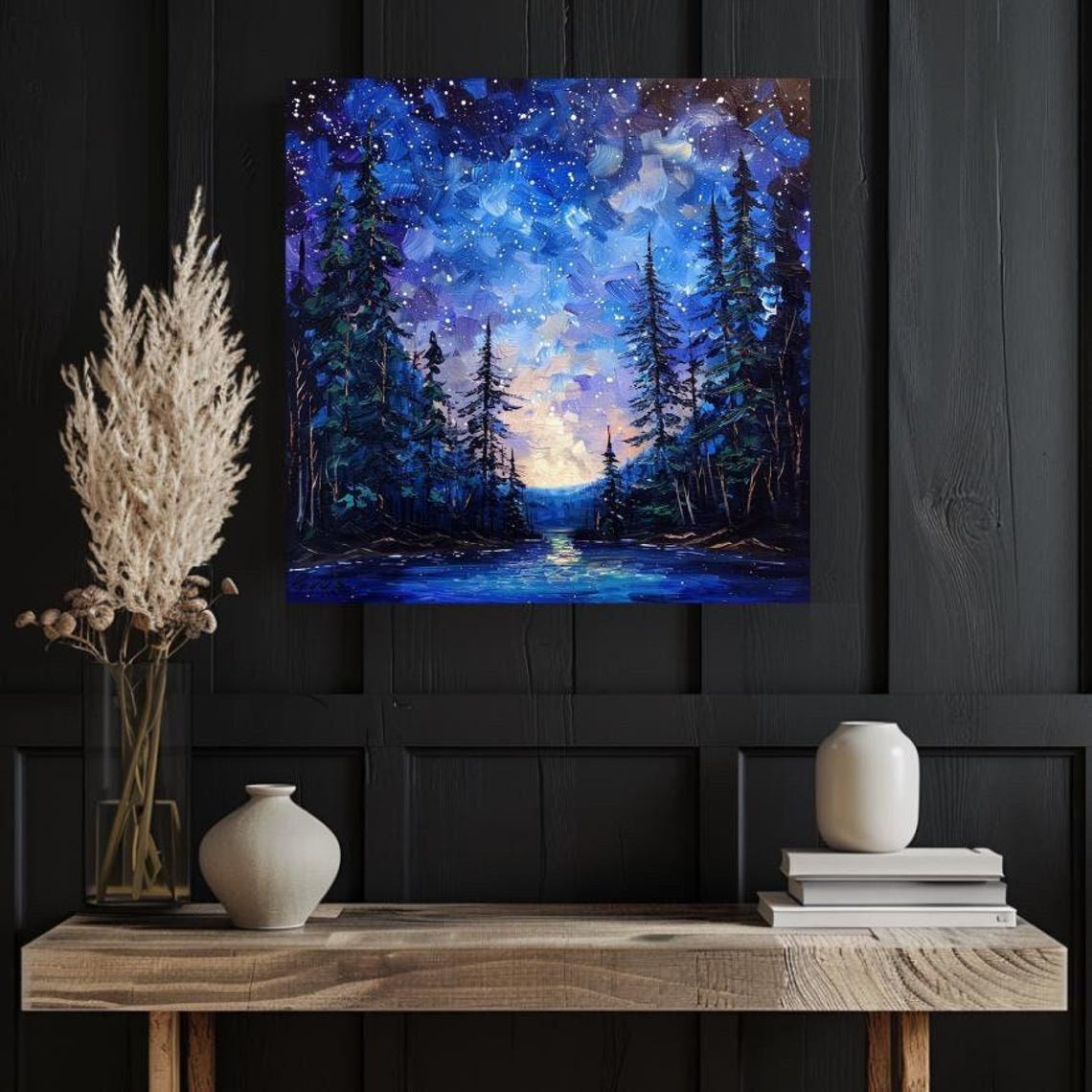 Starry Night Over Pine Lake Deep Blue Cosmic Forest Art Poster - Image 4