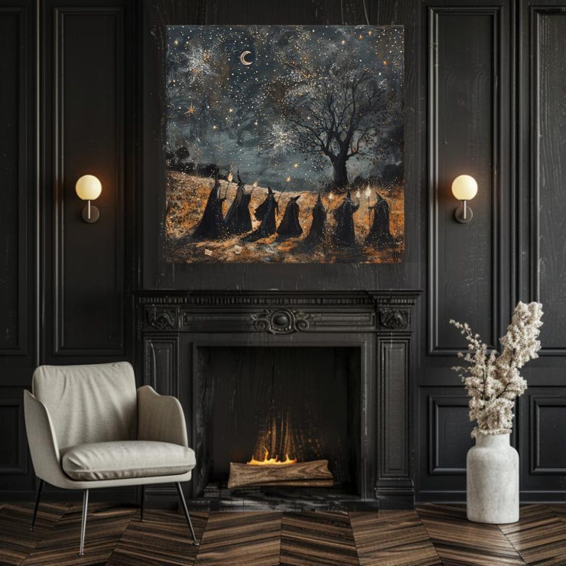 Moonlit Witches Gathering Under Starry Sky with Torches Art Poster - Image 3