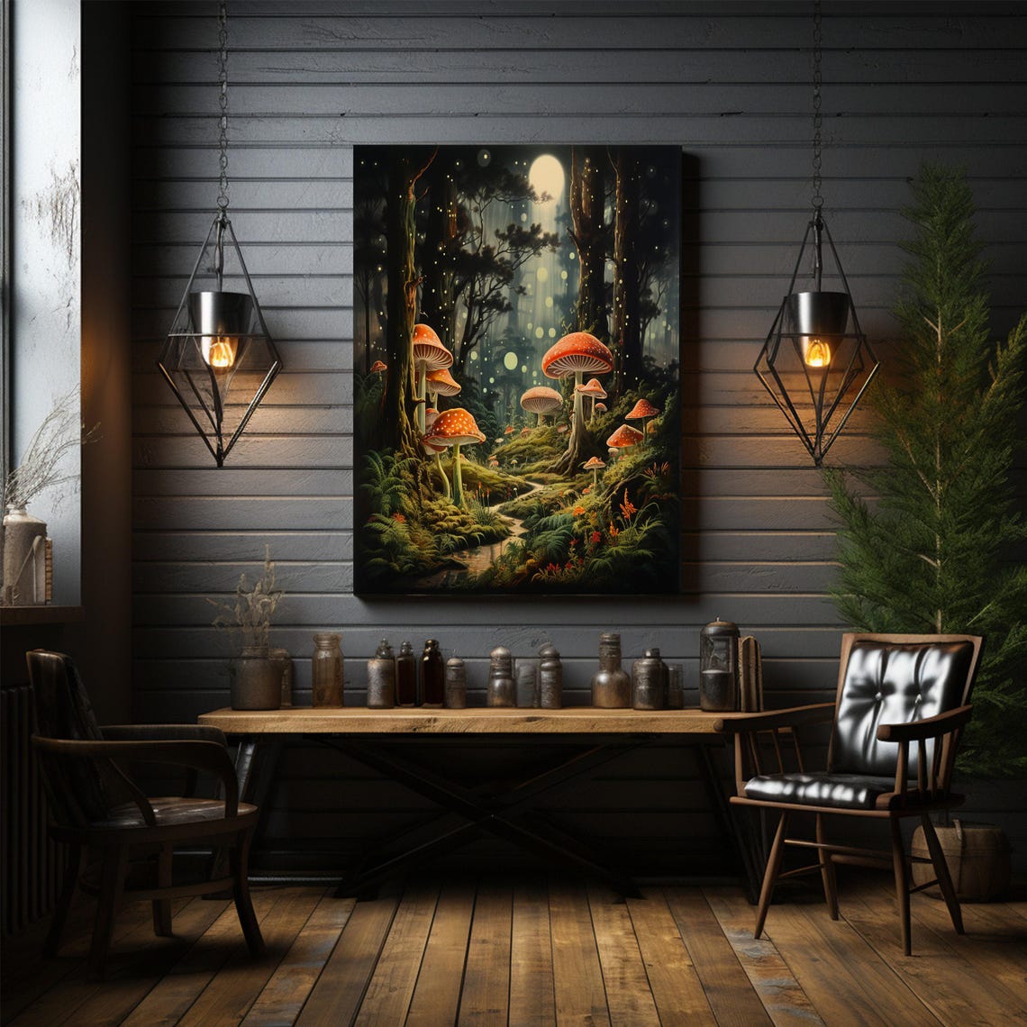 Moonlit Enchanted Mushroom Forest with Fireflies Fantasy Art Poster - Image 3