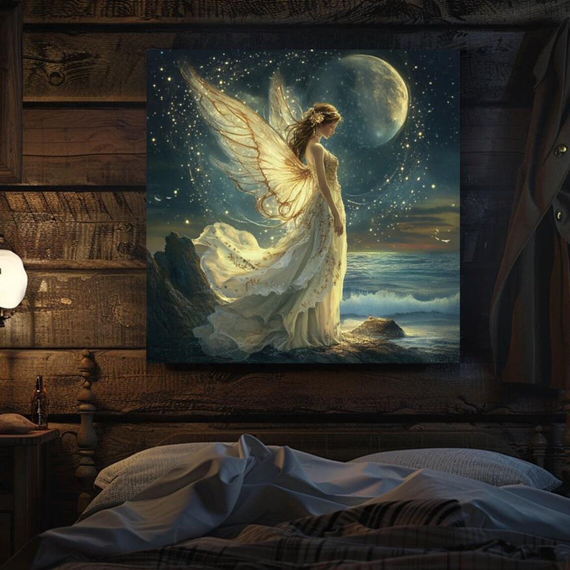 Moonlit Fairy With Golden Wings Over The Ocean Fantasy Poster