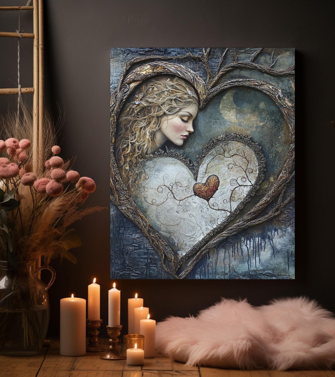 Heart Embraced by Woman Textured Moonlit Love Romantic Art Poster - Image 4