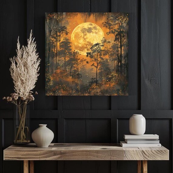Moonlit Forest Wall Art Glowing Forest Wall Art Large Square Wall Art Dark Mystical Print Night Sky Art Gold Moon Art