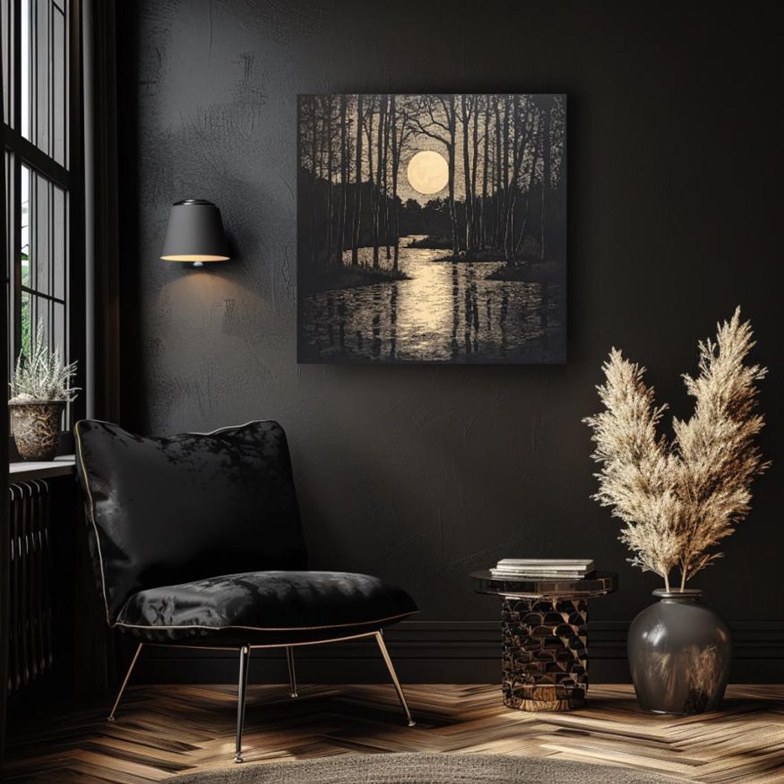 Golden Full Moon Rising Over Dark Forest Lake Moody Night Art Poster - Image 3