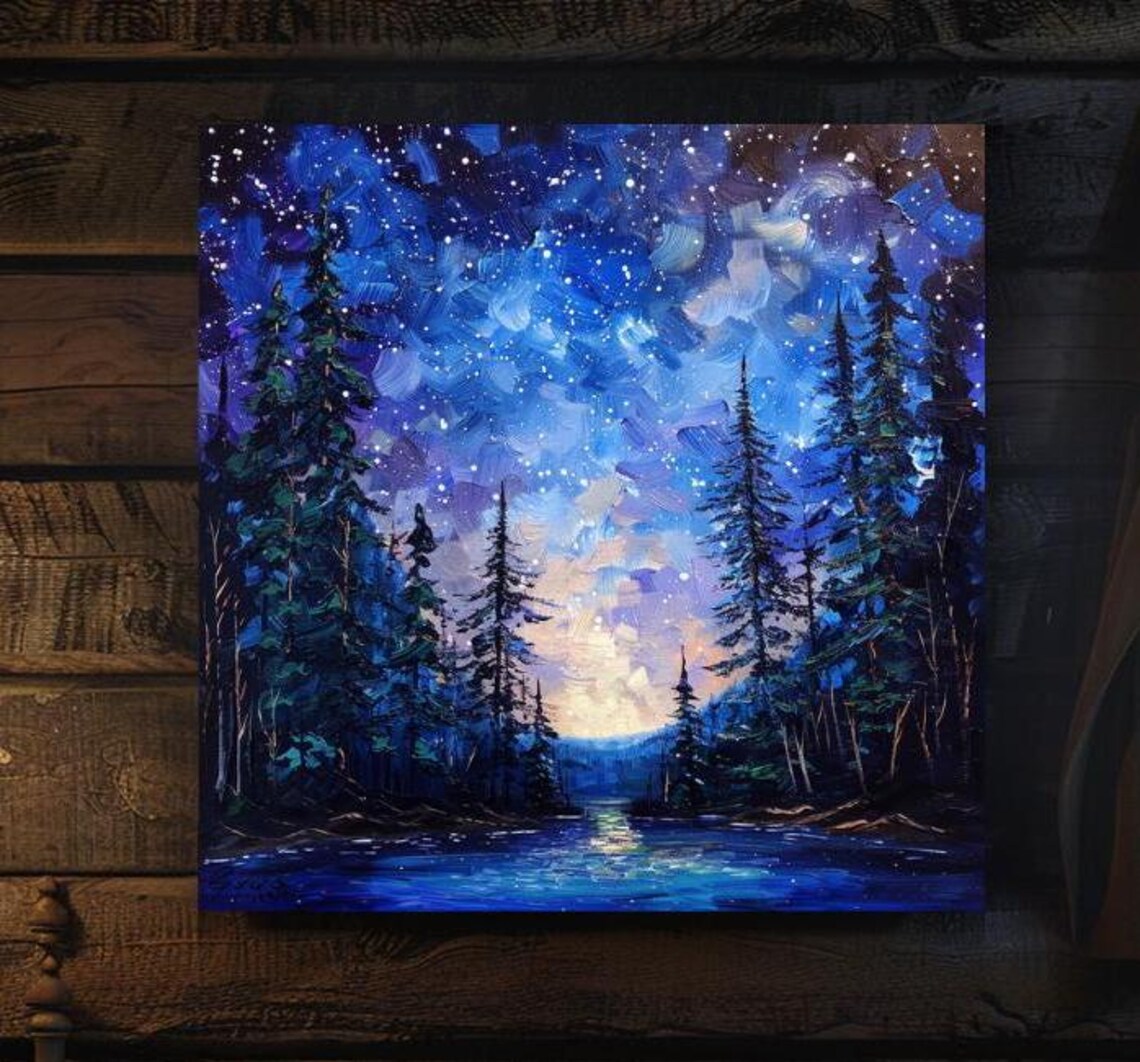 Starry Night Over Pine Lake Deep Blue Cosmic Forest Art Poster