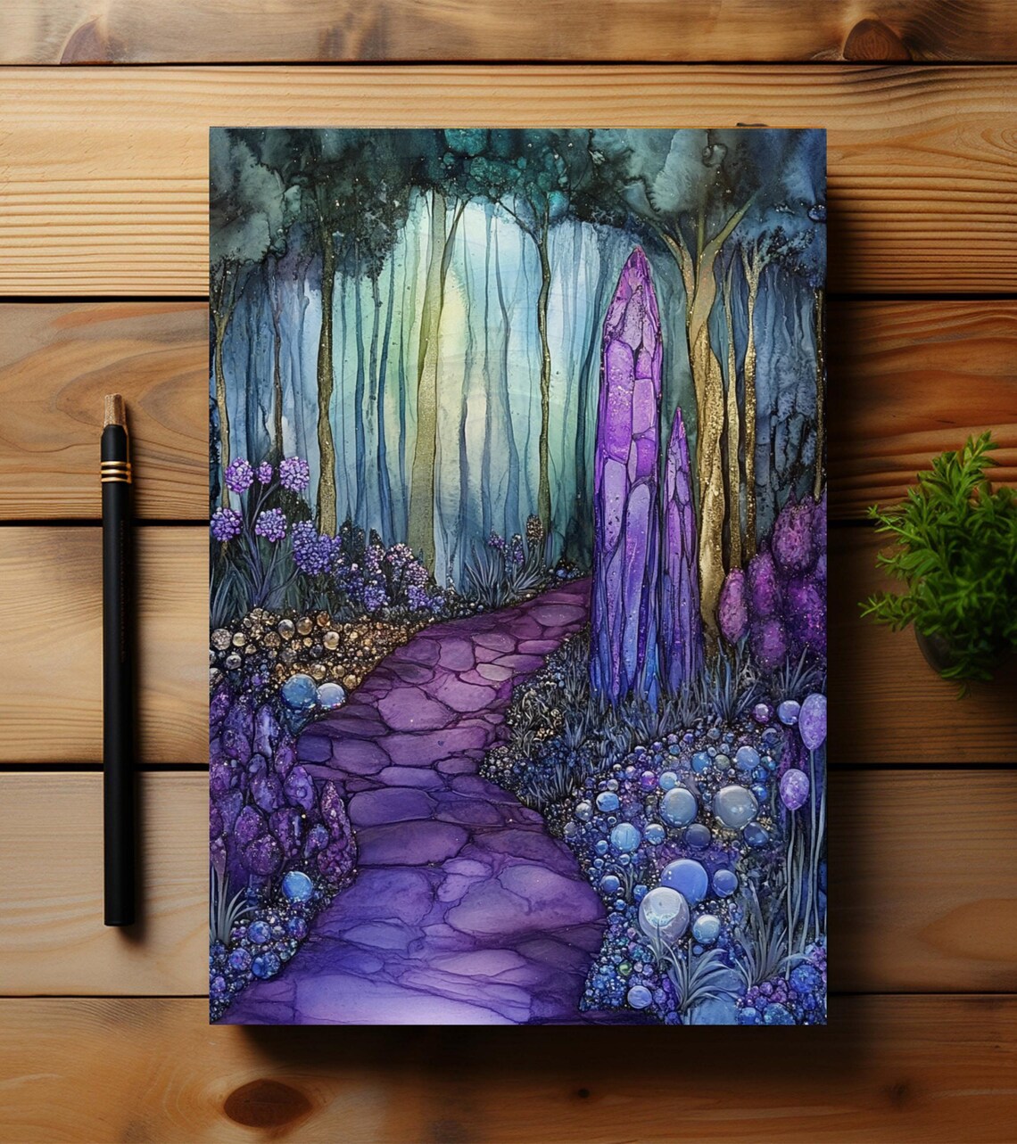 Amethyst Crystal Forest Purple Watercolor Pathway Art Poster