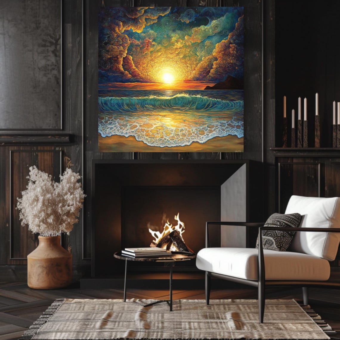 Golden Sunset Ocean Wave Swirling Clouds Seascape Art Poster - Image 3