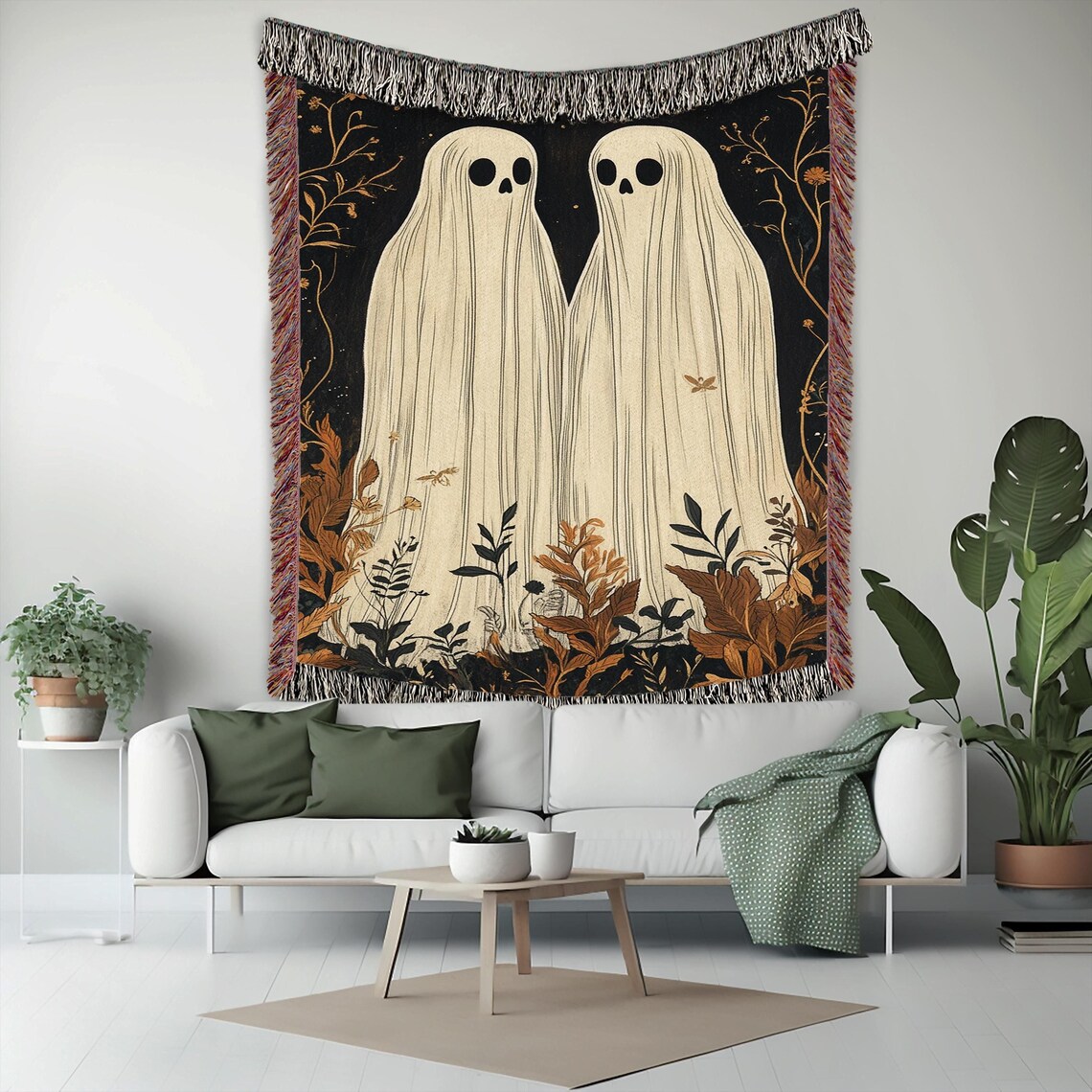 Cute Ghost Couple in Autumn Foliage Woven Tapestry Blanket Art Print