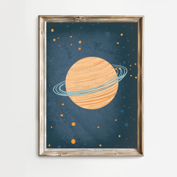 Retro Vintage Orange Ringed Planet Nursery Outer Space Print