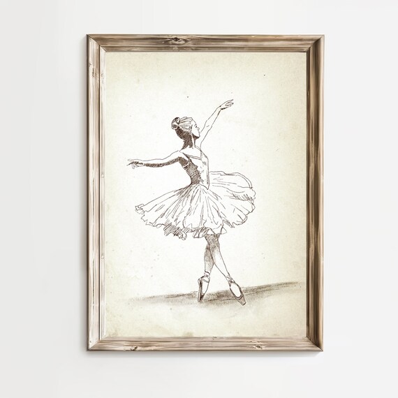 Running Ballerina Pointe Tutu Vintage Ink Sketch Dance Wall Art